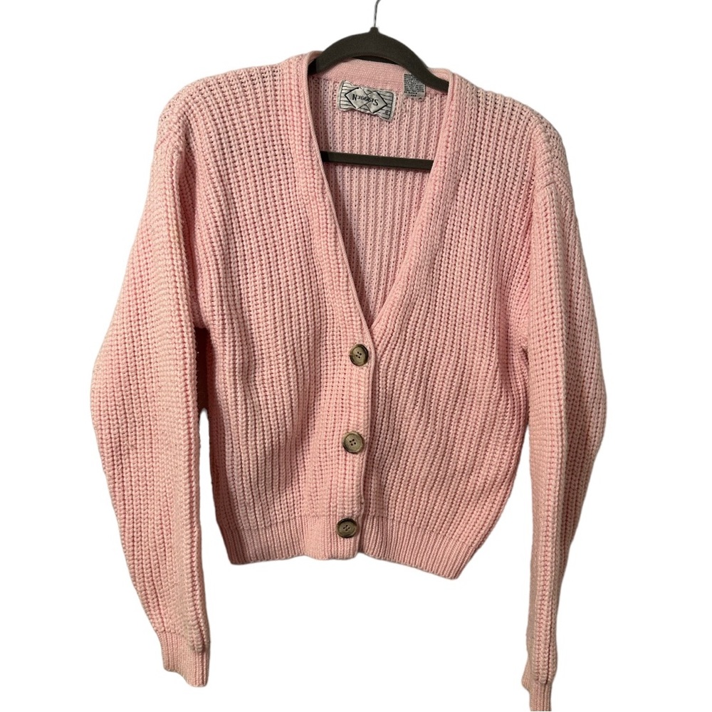 Vintage 90s Juniors Pink Crochet Knit Cardigan Sweater Acrylic M Nuggets